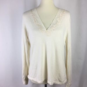 J Jill V Neck Sweater Size Large Ivory White Lace